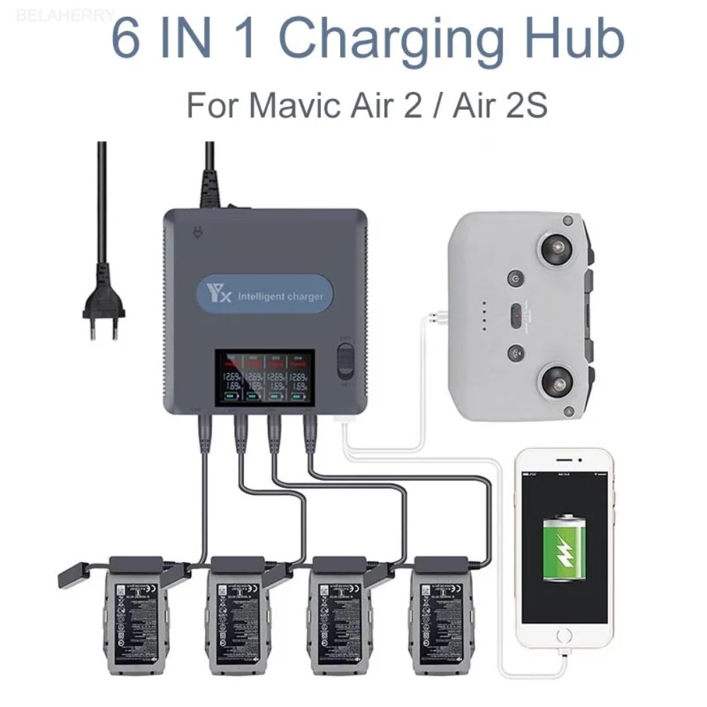 Drone Charging Hub - 6-in-1 Digital-Anzeige Akkuladegerät für DJI Mavic